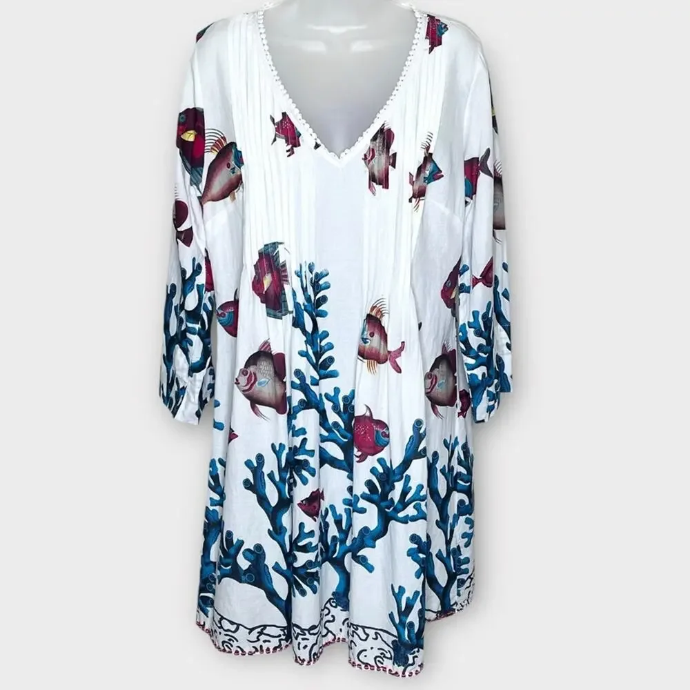 SOFT SURROUNDINGS Seychelles White Blue Coral Tropical Fish Tunic Blouse Small
